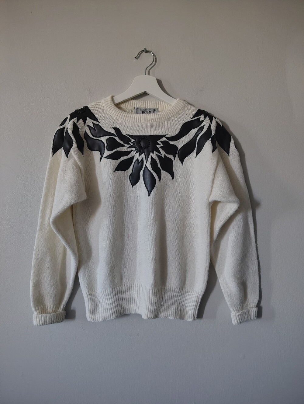 Vintage 80's Emblem Off-White and Faux Leather Sweater